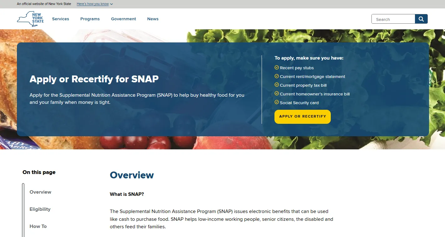 New York SNAP application official page to apply for food stamps online