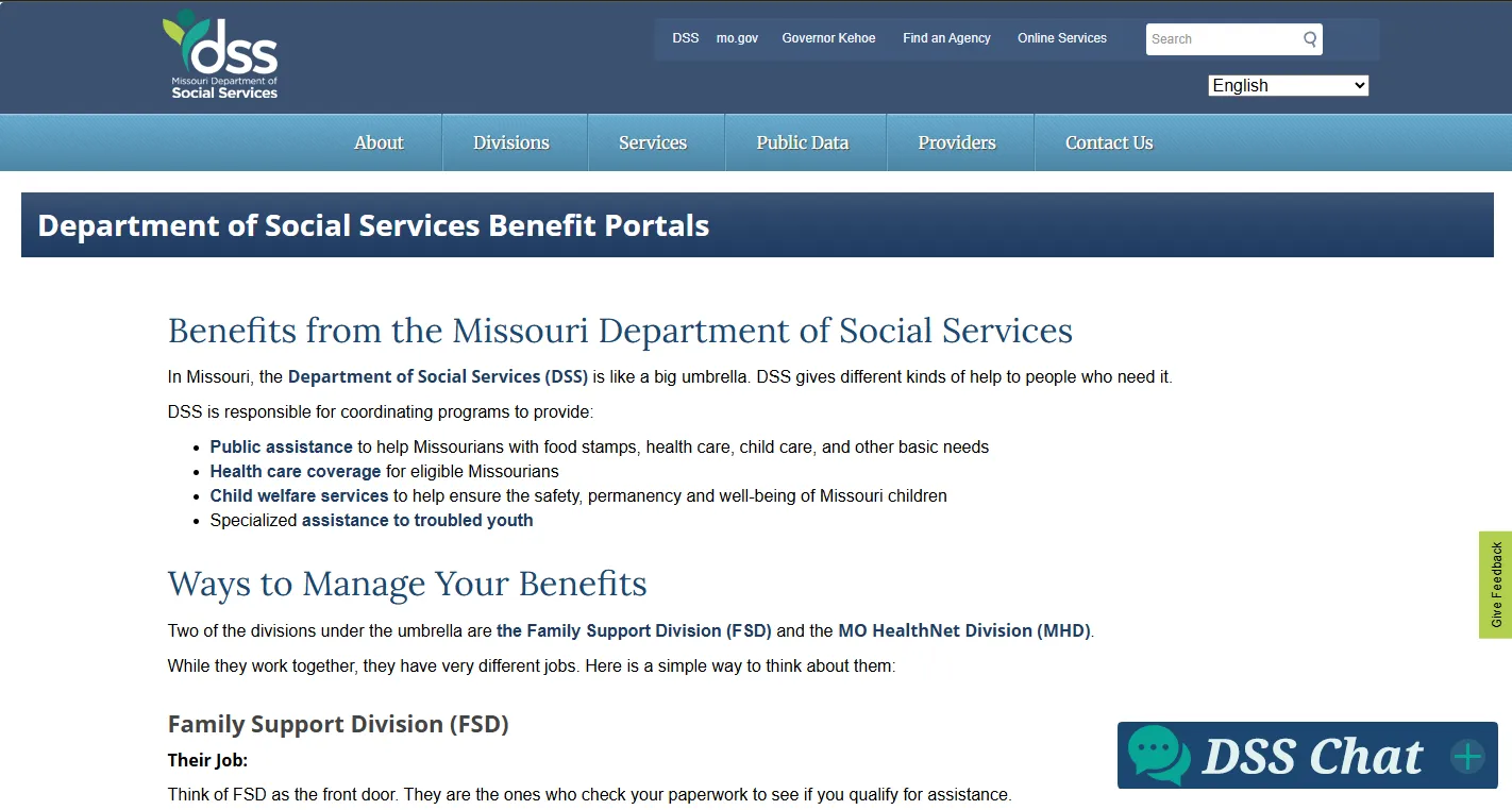 Missouri myDSS SNAP application status page for checking food stamp benefits