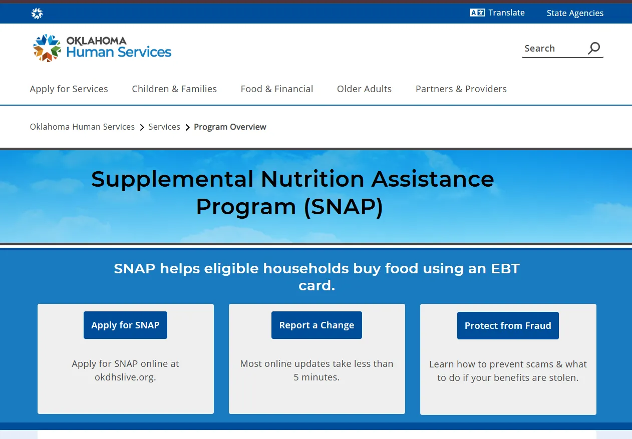 Official Oklahoma Human Services SNAP food benefits page for Oklahoma City OK food stamp office help