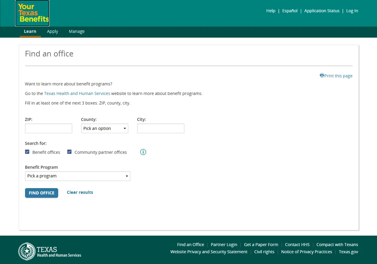 Official Your Texas Benefits office locator screen for Pasadena TX SNAP Food Stamp Office search