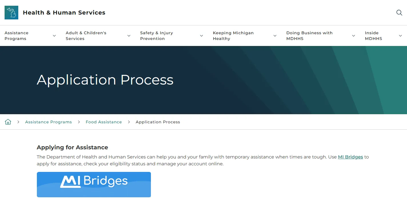 Michigan food stamps application page for applying for SNAP through MI Bridges
