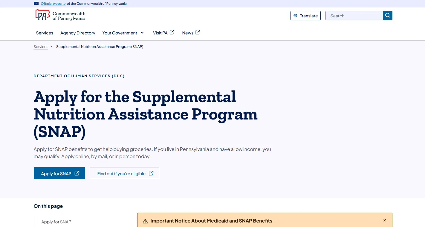 Pennsylvania SNAP application page to apply for food stamps PA online via COMPASS