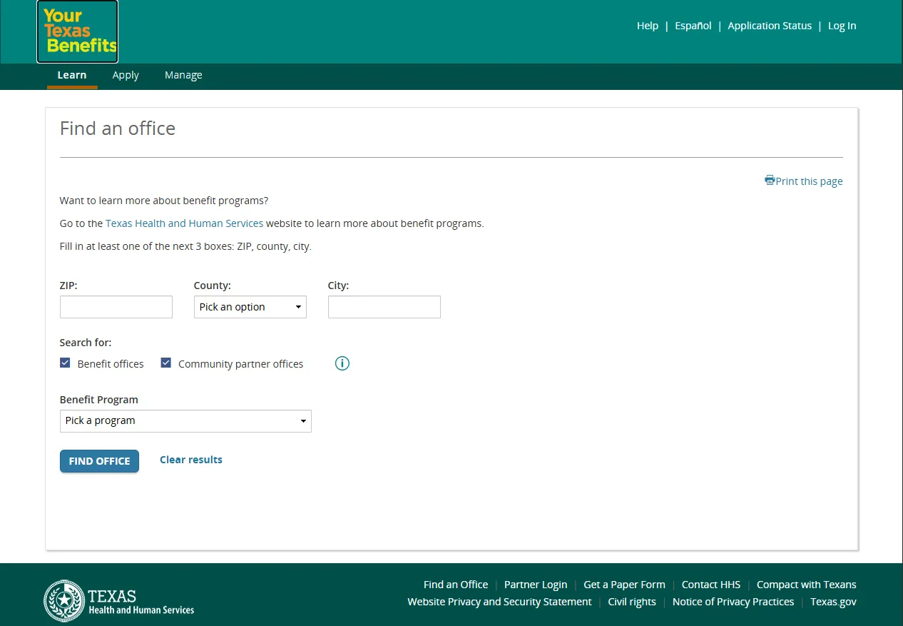 Official YourTexasBenefits office finder search for Galveston TX food stamp office and SNAP benefit office help