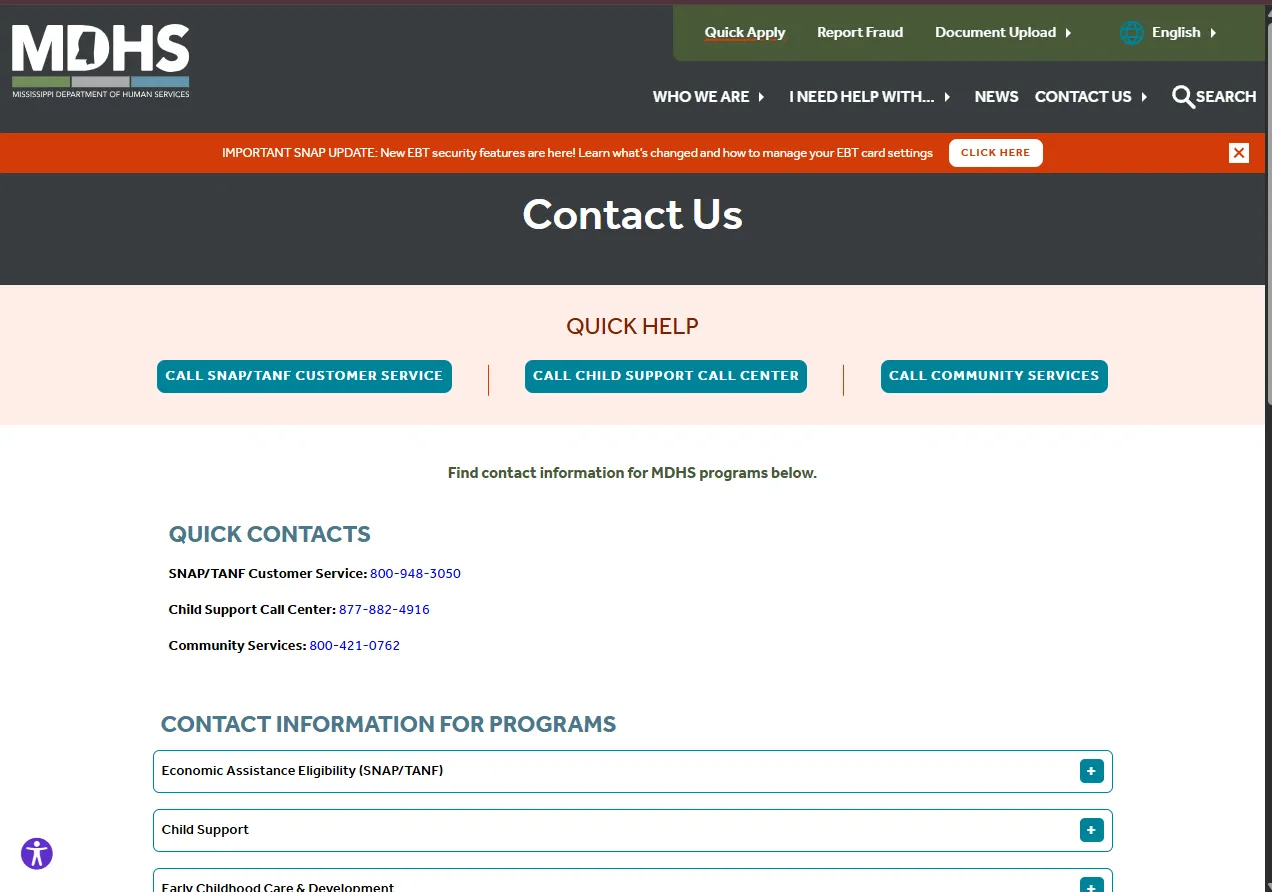 Official MDHS Harrison County Food Stamp Office contact page showing SNAP office phone number and address