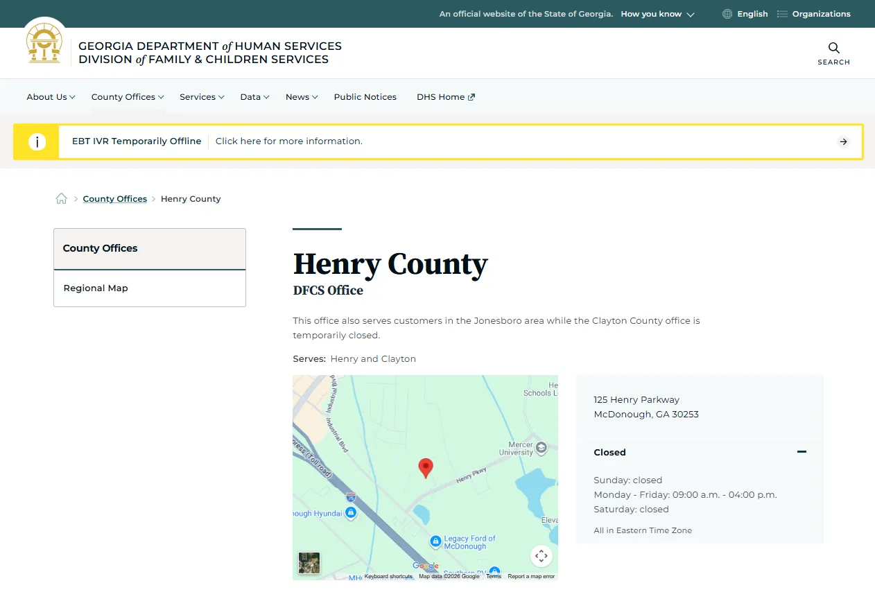 Official Georgia DFCS Henry County food stamp office page showing SNAP office address phone hours and verification fax