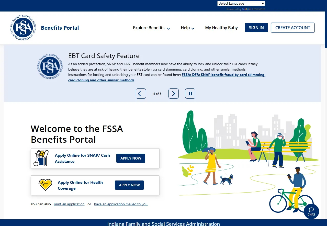 Official Indiana FSSA Benefits Portal login page for Indianapolis SNAP account and food stamp application help