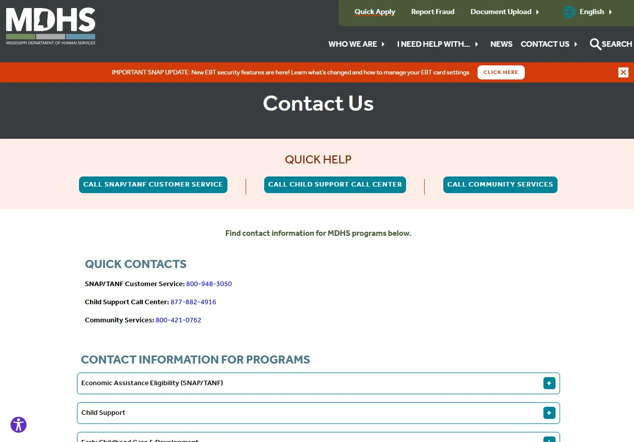 Official Mississippi MDHS contact page showing Jackson MS Hinds County food stamp office phone number and SNAP contact routes