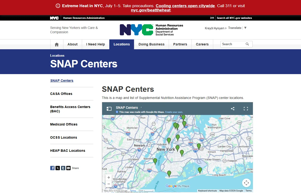Official NYC HRA Jamaica SNAP Center page showing 165-08 88th Avenue 3rd Floor Jamaica Queens NY