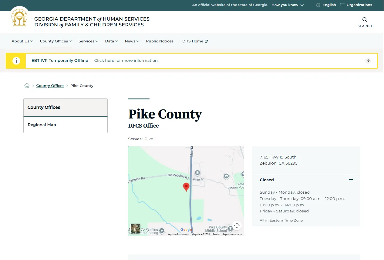 Official Georgia DFCS Pike County office page for Pike County food stamp office and SNAP help