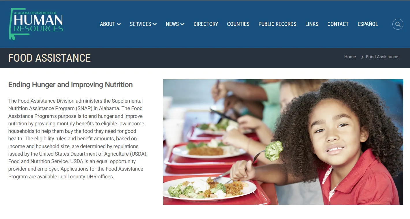 Official Alabama DHR Food Assistance page showing Alabama food stamp application options
