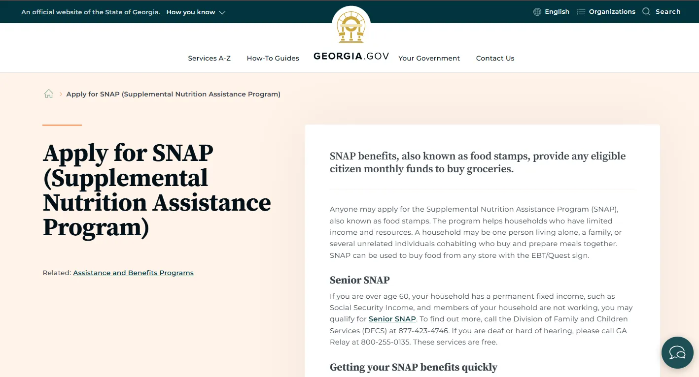 Georgia SNAP application official page to apply for food stamps in Georgia