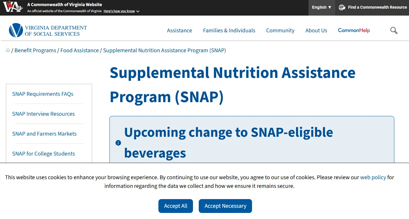 Virginia CommonHelp SNAP application page to apply for food stamps VA online