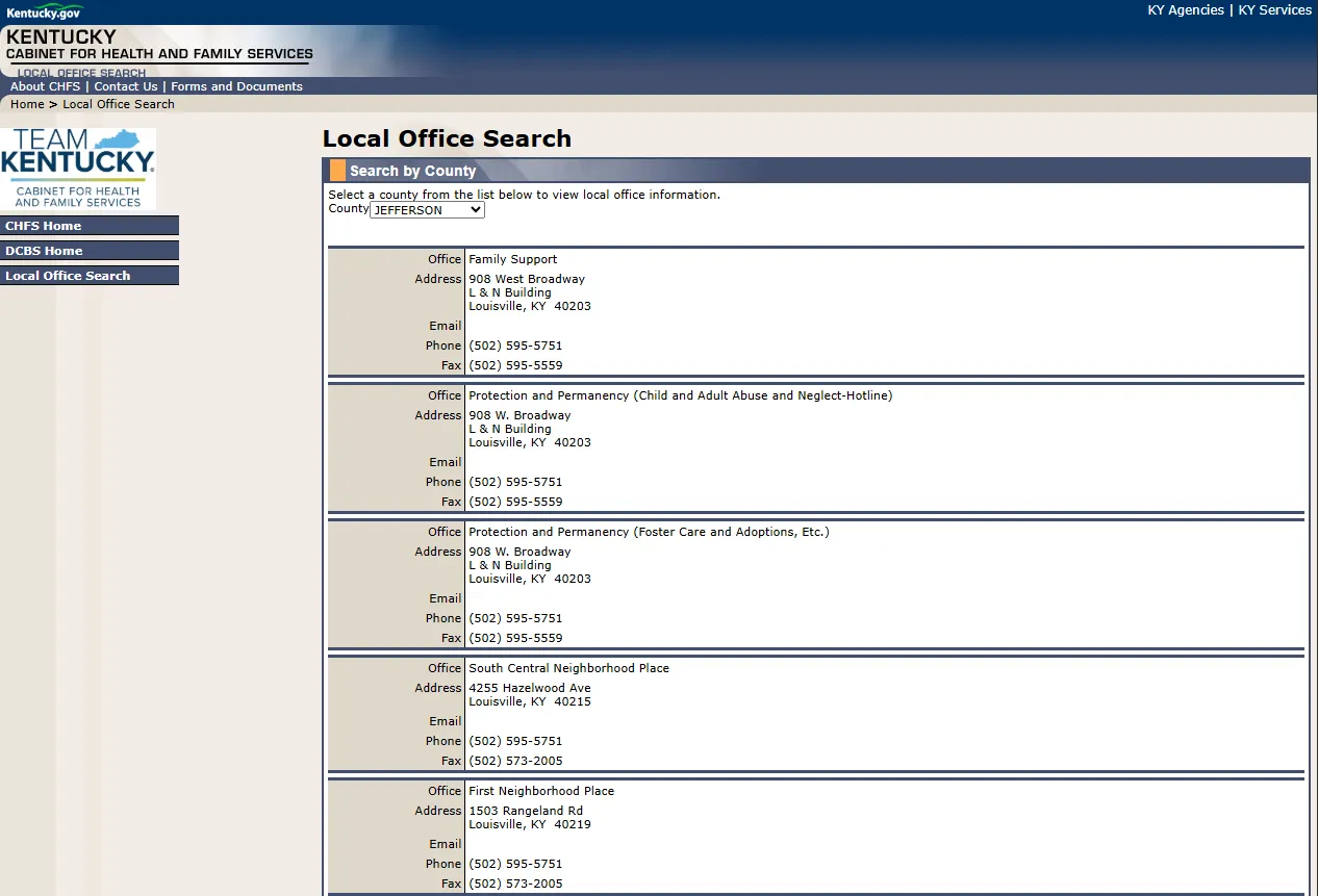 Official Kentucky DCBS Jefferson County Louisville Family Support office phone number page for Louisville KY food stamp office