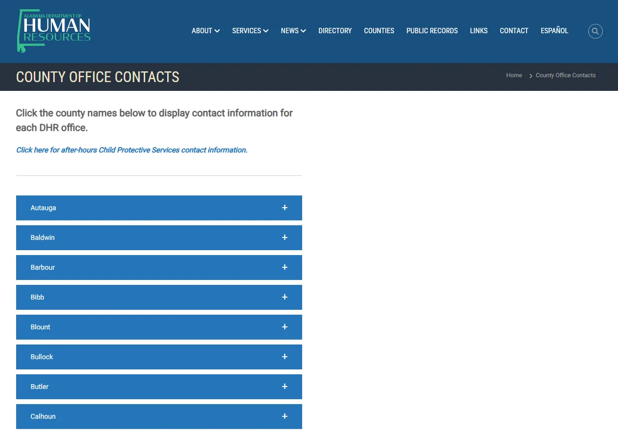 Official Alabama DHR Baldwin County office contact page for Robertsdale AL Food Stamp Office