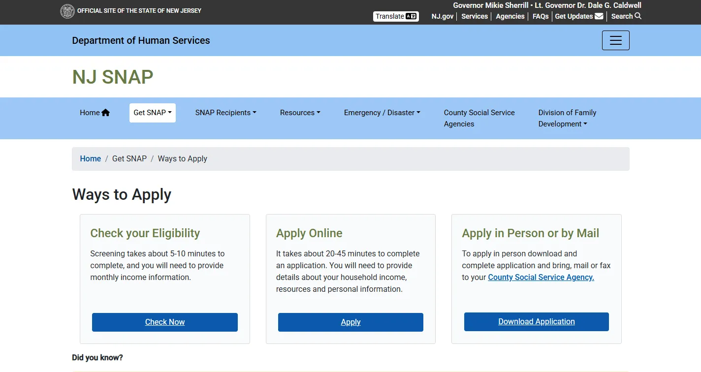 Official NJ SNAP Ways to Apply page for New Jersey food stamps application and MyNJHelps SNAP application
