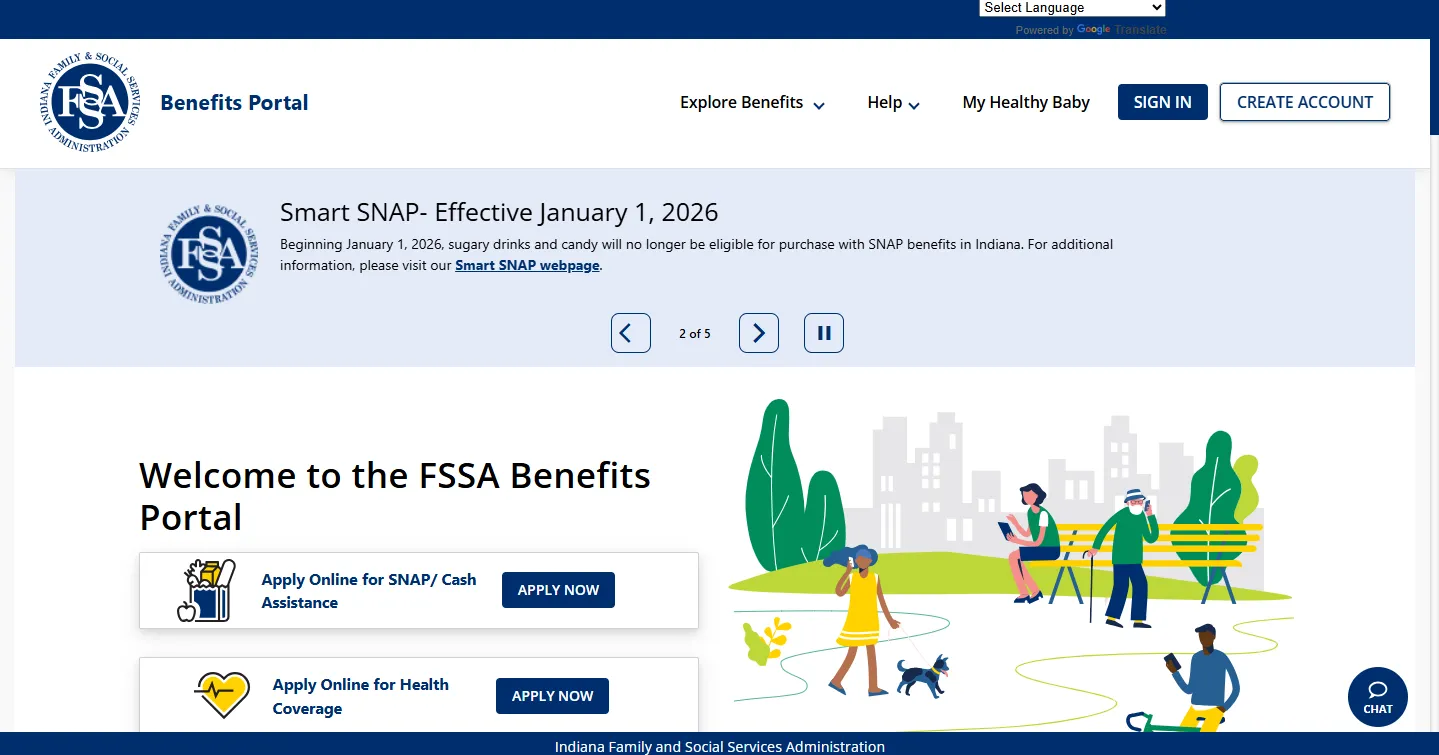 Indiana FSSA Benefits Portal to apply for food stamps and SNAP online