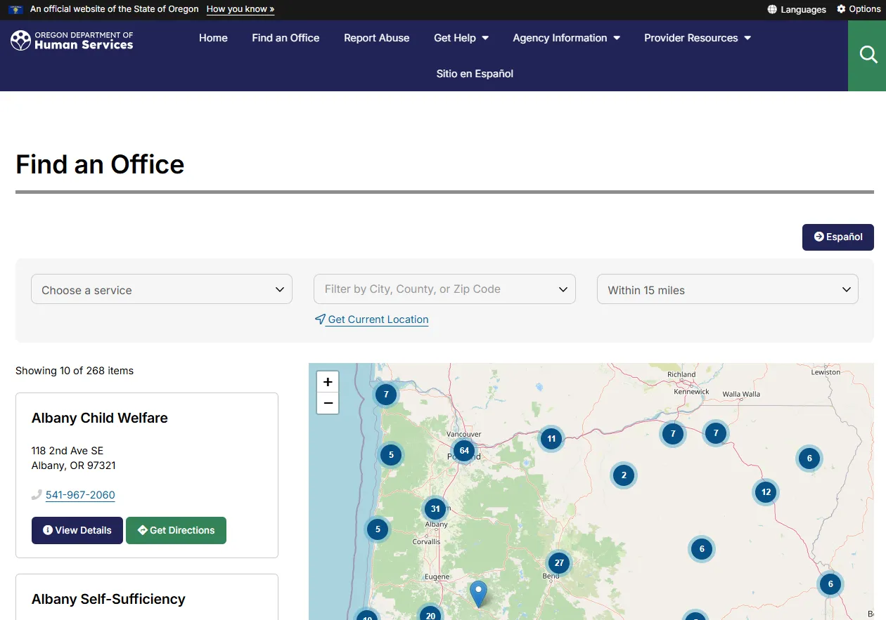 Official Oregon ODHS Portland SNAP office finder page for food stamp office benefits phone and hours