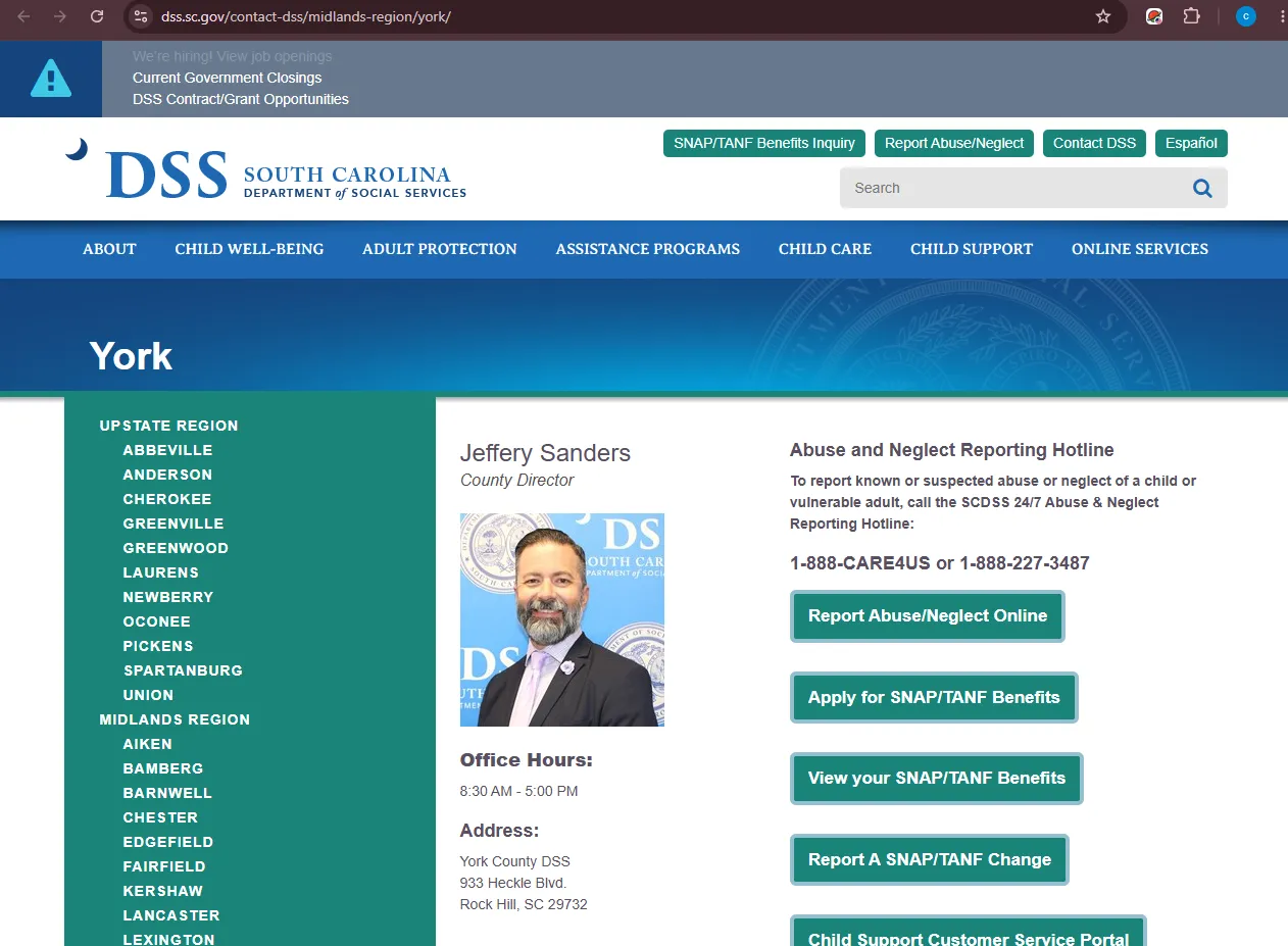 Official South Carolina DSS York County SNAP office page for Rock Hill SC food stamp office