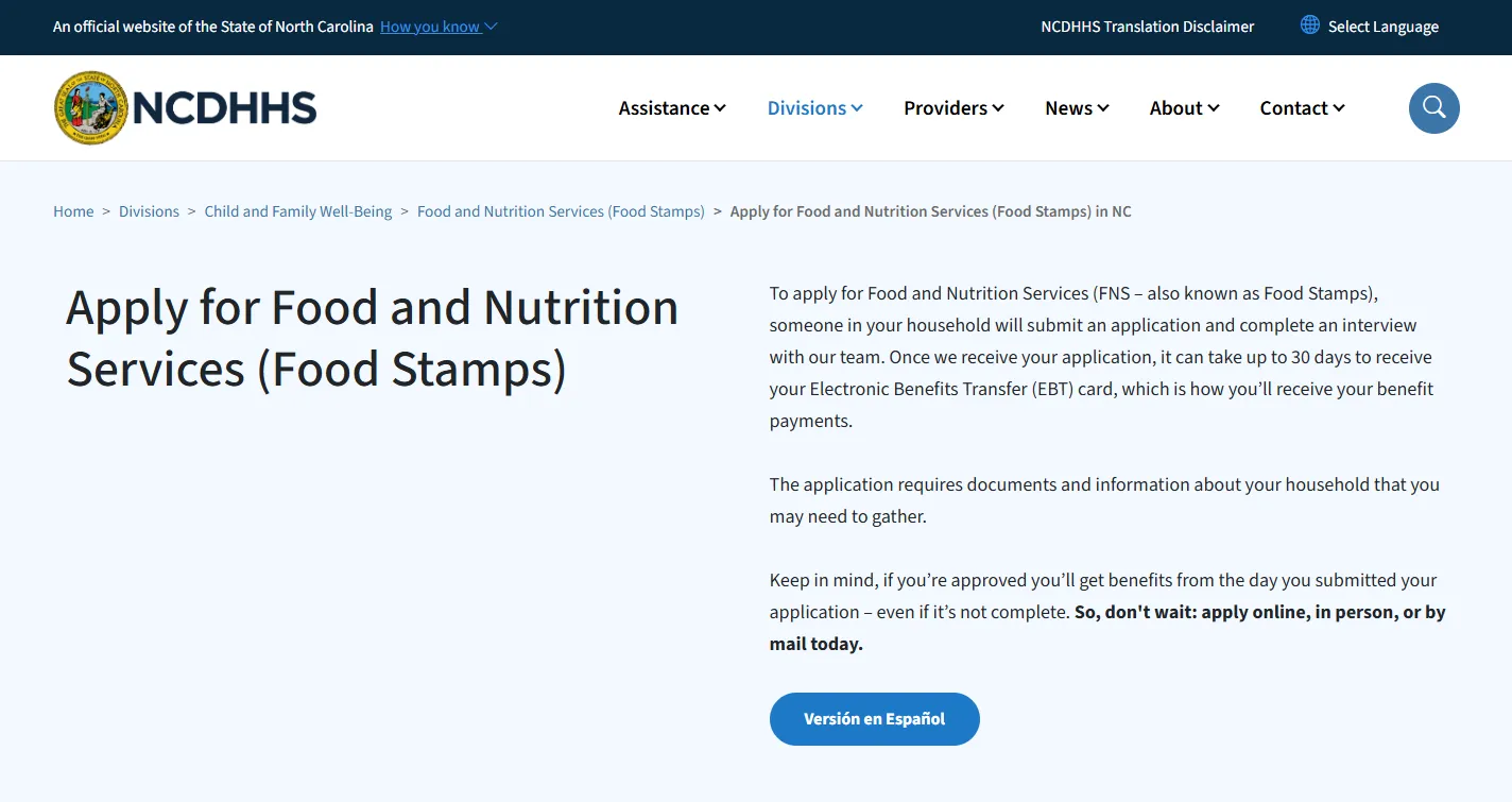 Official NCDHHS page for North Carolina Food Stamps application and ePASS SNAP benefits