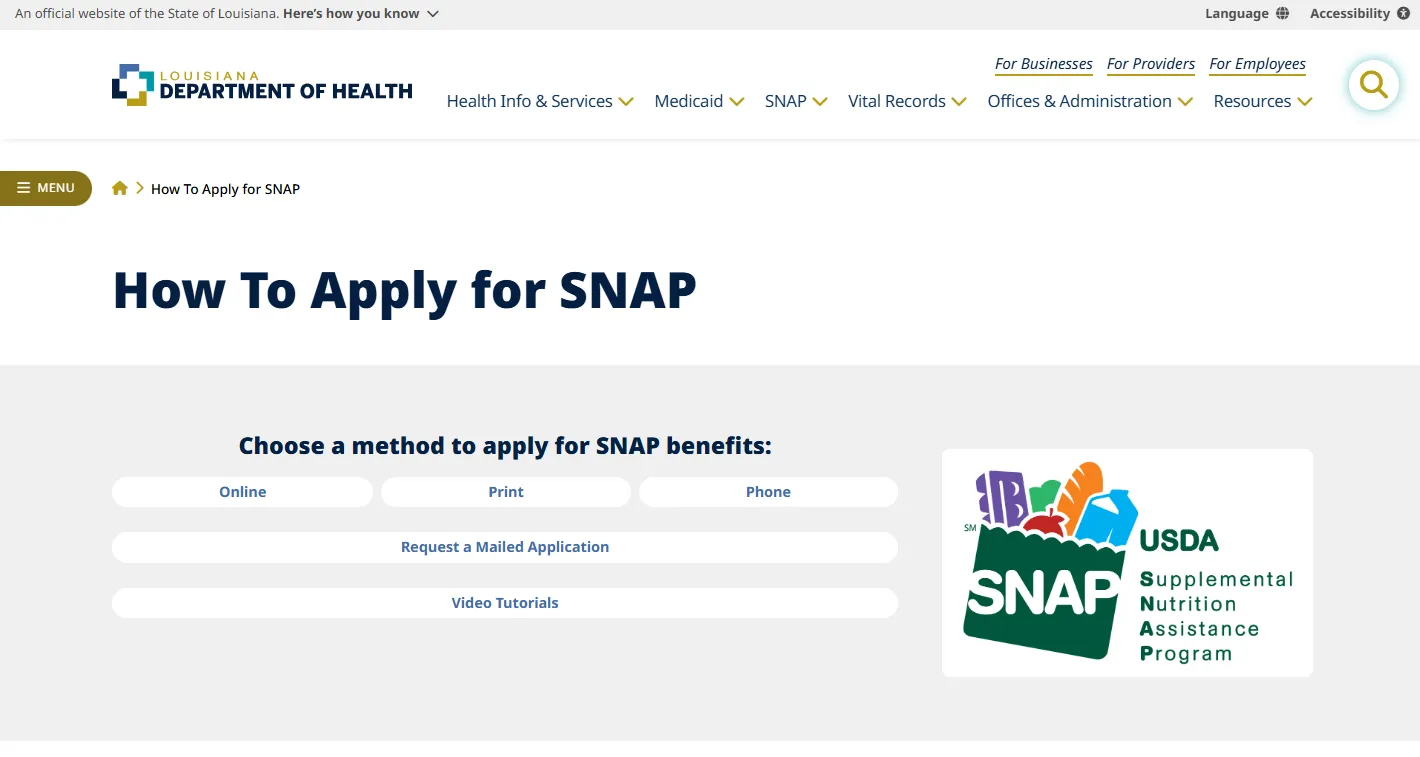 Louisiana food stamp application official SNAP apply page