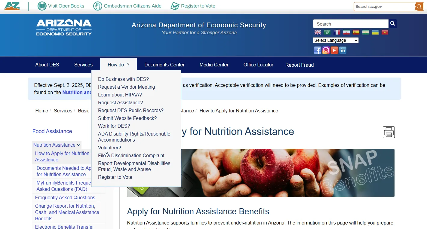 Arizona DES page for apply for food stamps AZ and SNAP Nutrition Assistance application