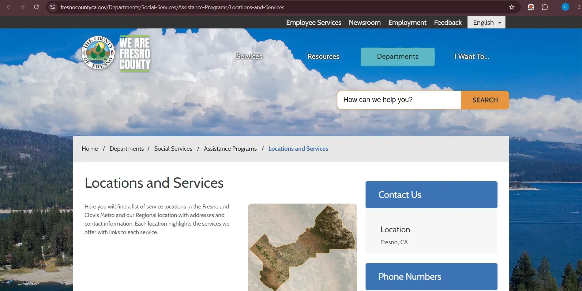 Official Fresno County DSS Locations and Services page showing Fresno CA CalFresh office addresses and hours