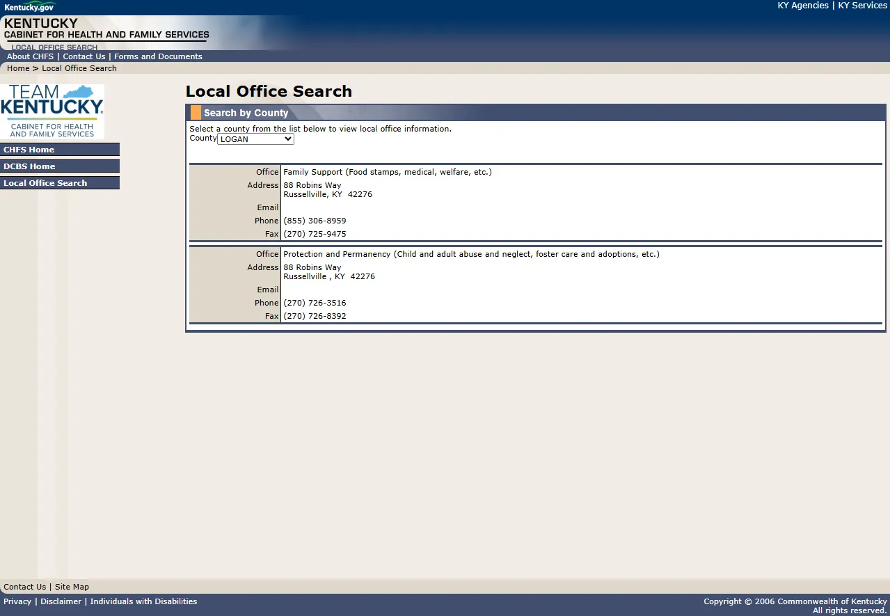 Official Kentucky CHFS Logan County Family Support office listing for Russellville KY food stamp office