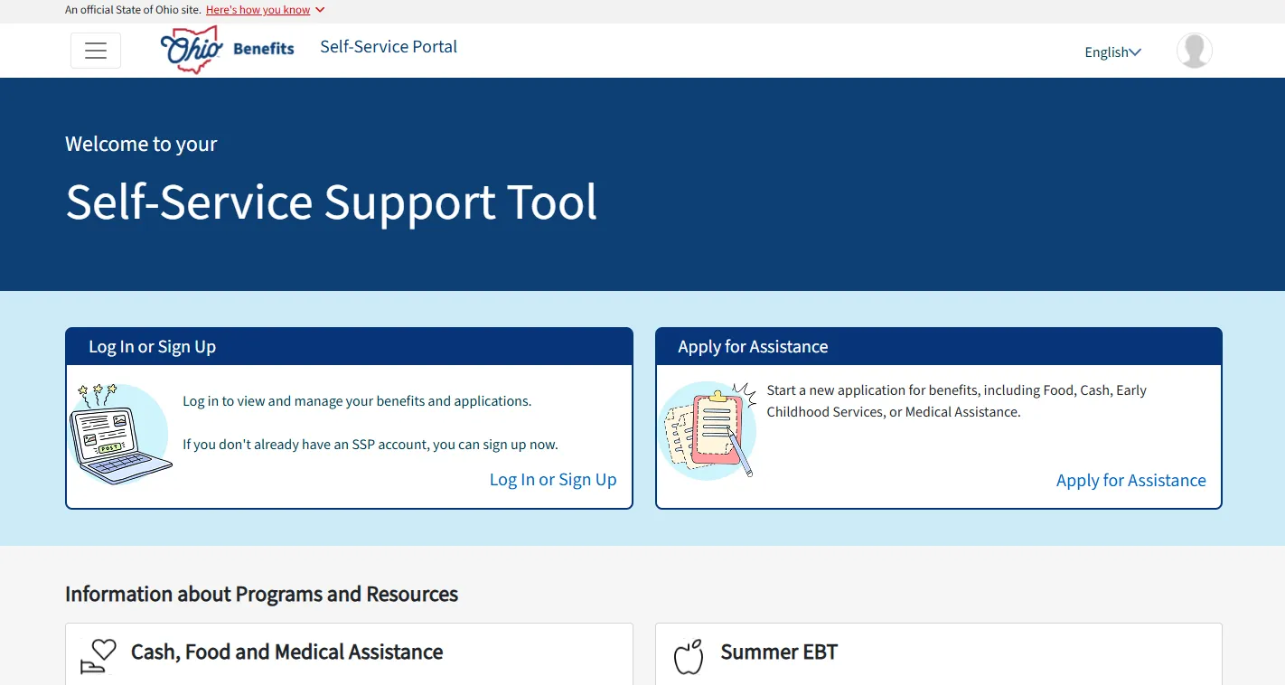 Official Ohio Benefits portal page for Ohio food stamps application and SNAP assistance
