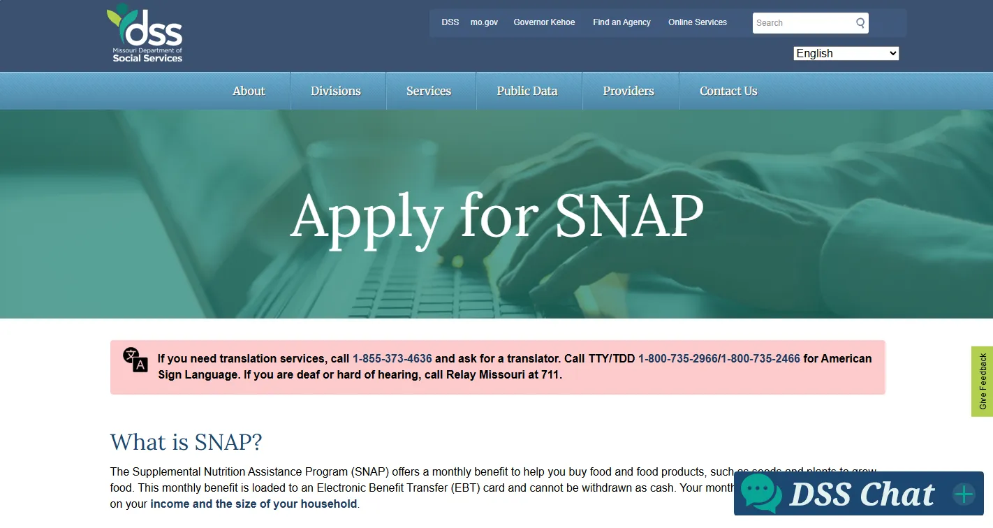 Missouri food stamps application page for applying for SNAP benefits online