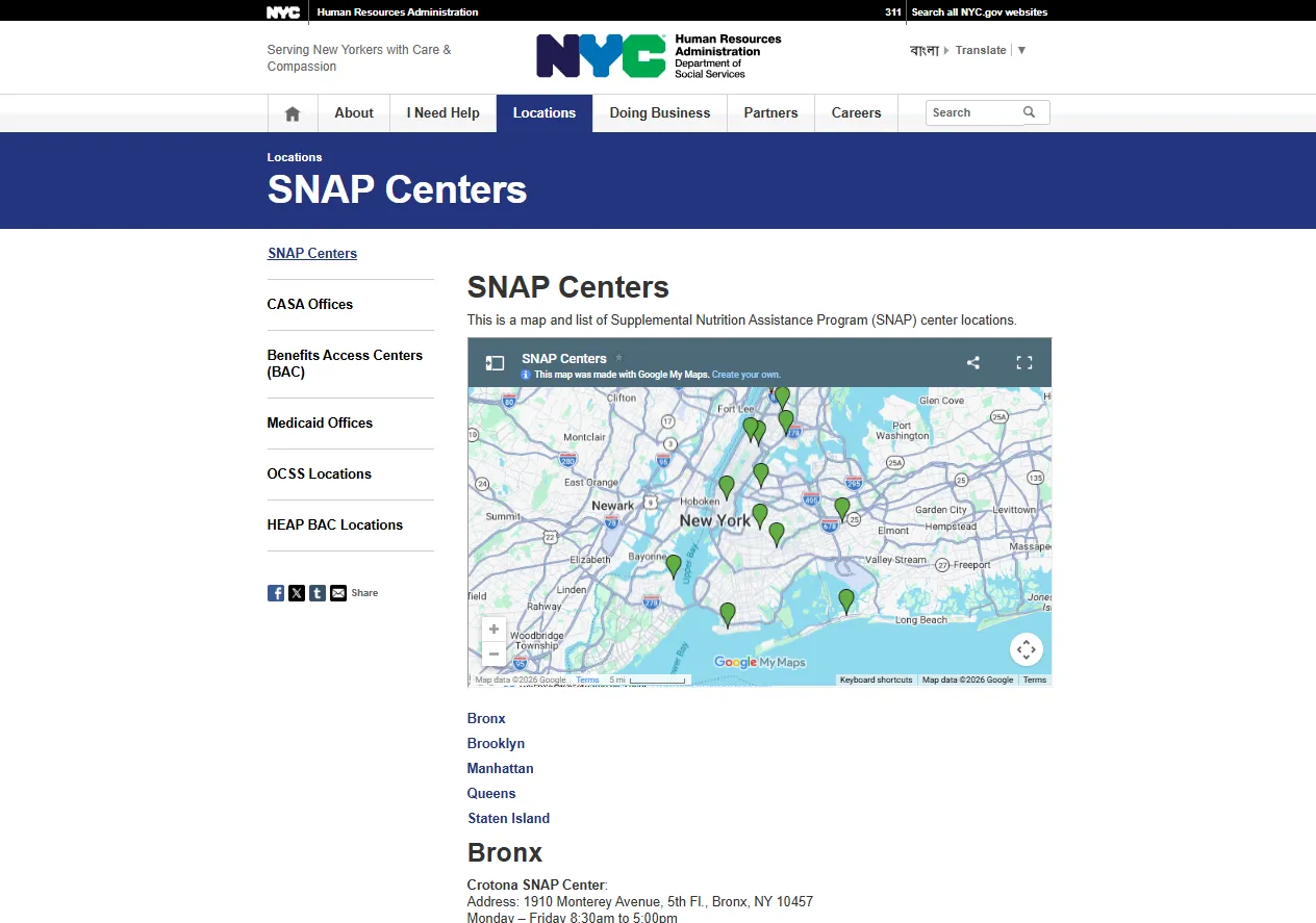 Official NYC HRA Manhattan SNAP center locations page for Manhattan NY food stamp office guide