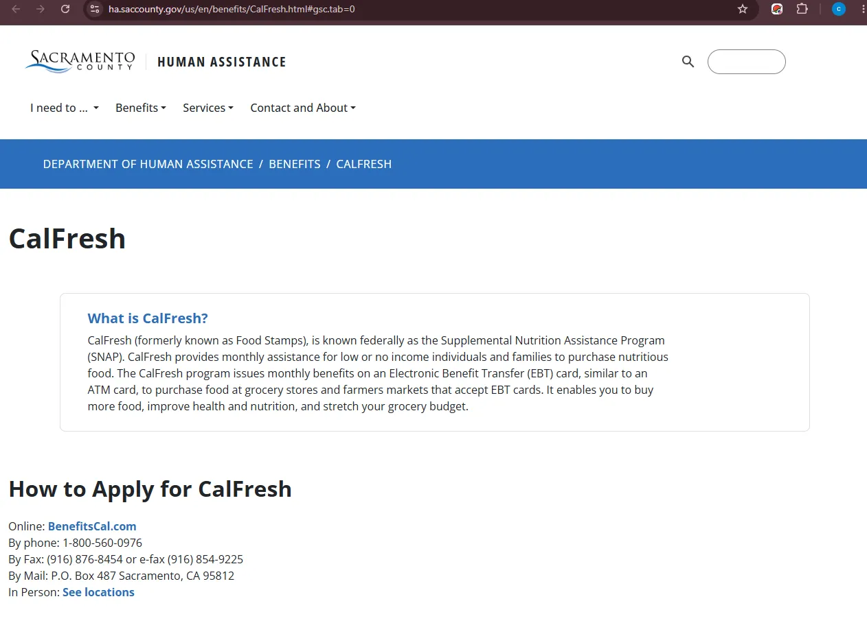 Official Sacramento County DHA CalFresh page showing Sacramento County CA food stamp office application and phone information