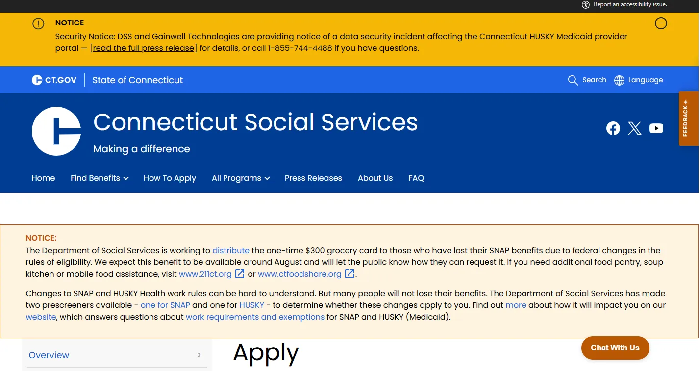 Connecticut DSS SNAP application page for applying for food stamps in CT online