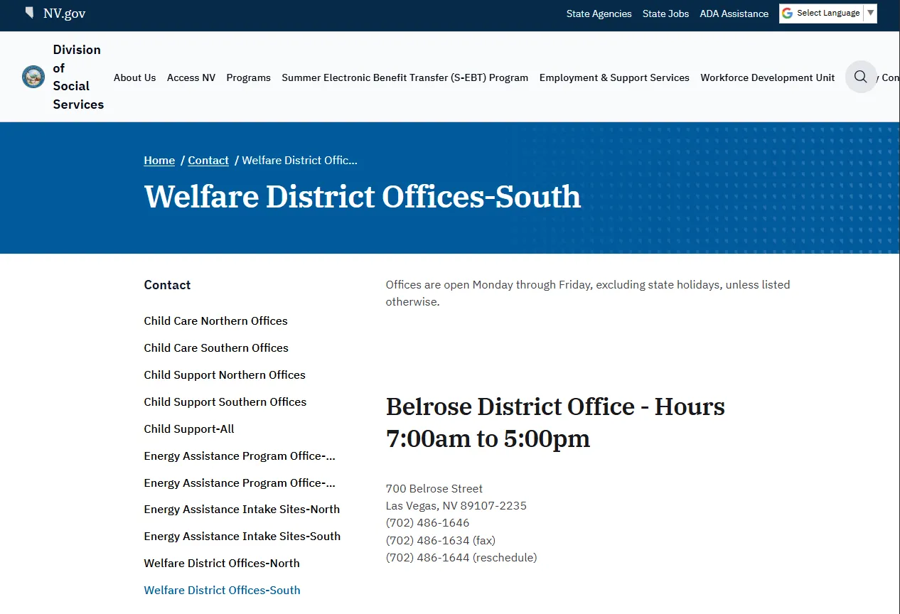 Official Nevada DSS welfare district office listings for Nevada food stamp office locations and phone numbers