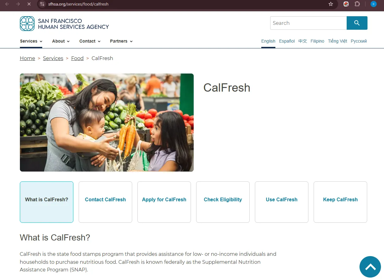 Official San Francisco HSA CalFresh page for San Francisco CA food stamp office help, apply, renew and EBT support