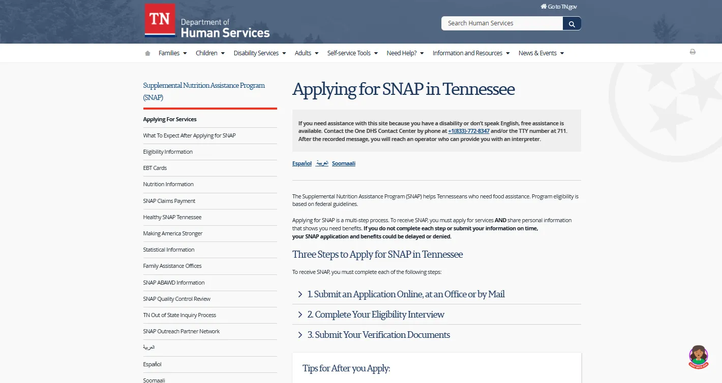 Official Tennessee DHS Applying for SNAP page showing how to apply for food stamps in TN