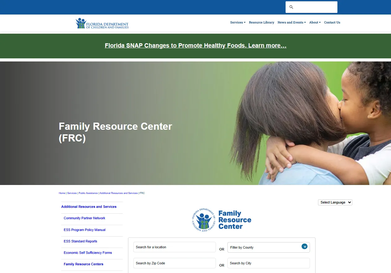 Official Florida DCF Family Resource Center page showing Miami-Dade County SNAP and food assistance office locations