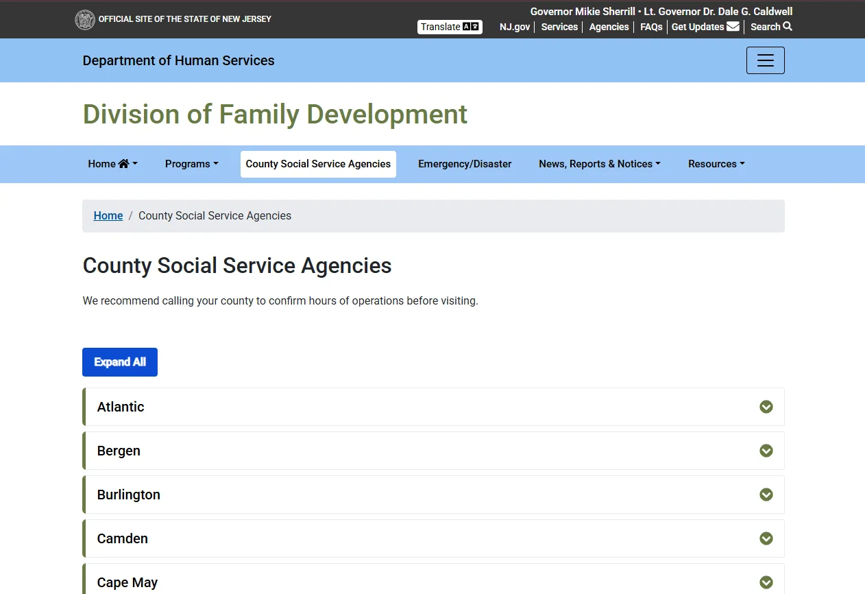 Official New Jersey DHS County Social Service Agency directory for New Jersey food stamp office near me