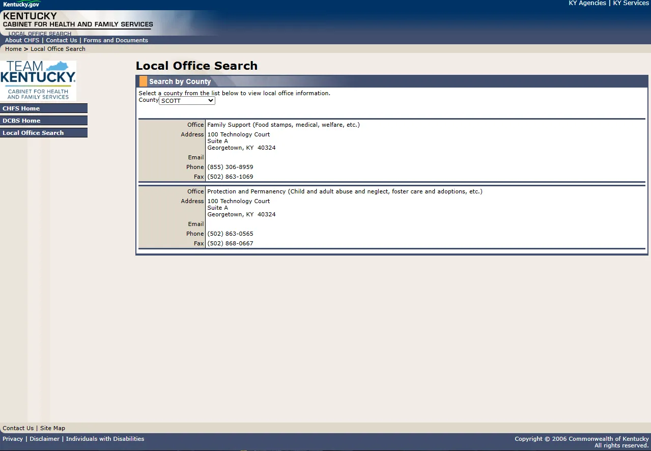 Official Kentucky CHFS Local Office Search page showing Scott County KY SNAP Family Support office in Georgetown