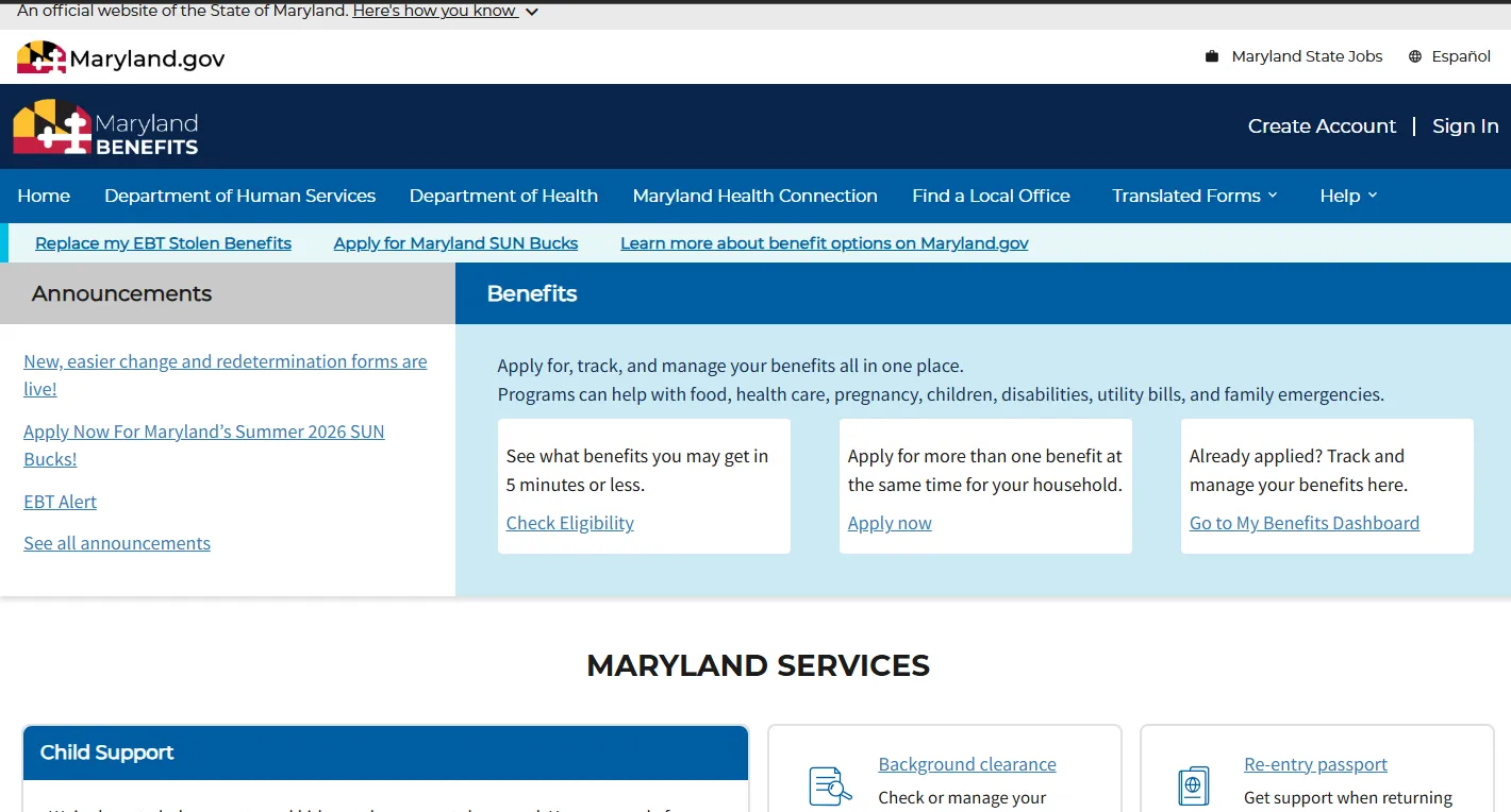 Maryland food stamps application portal for applying for SNAP benefits online