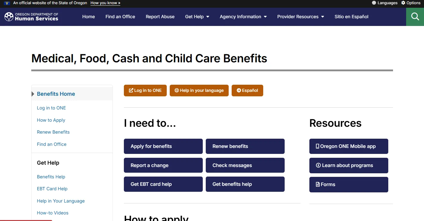 Oregon SNAP application portal for applying for food stamps online
