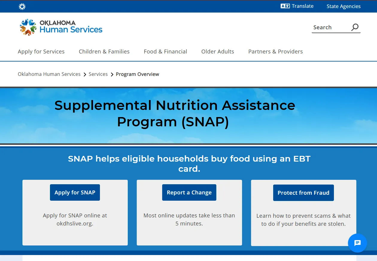 Official Oklahoma Human Services SNAP page for Oklahoma food stamp office and benefits help