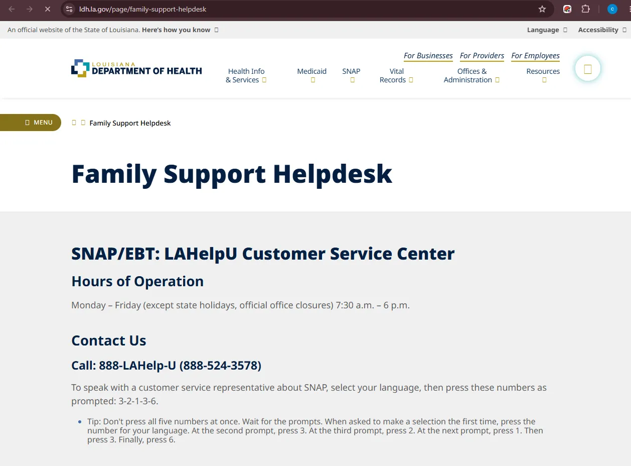 Official Louisiana LDH SNAP EBT LAHelpU phone number page for Shreveport LA food stamp office phone number