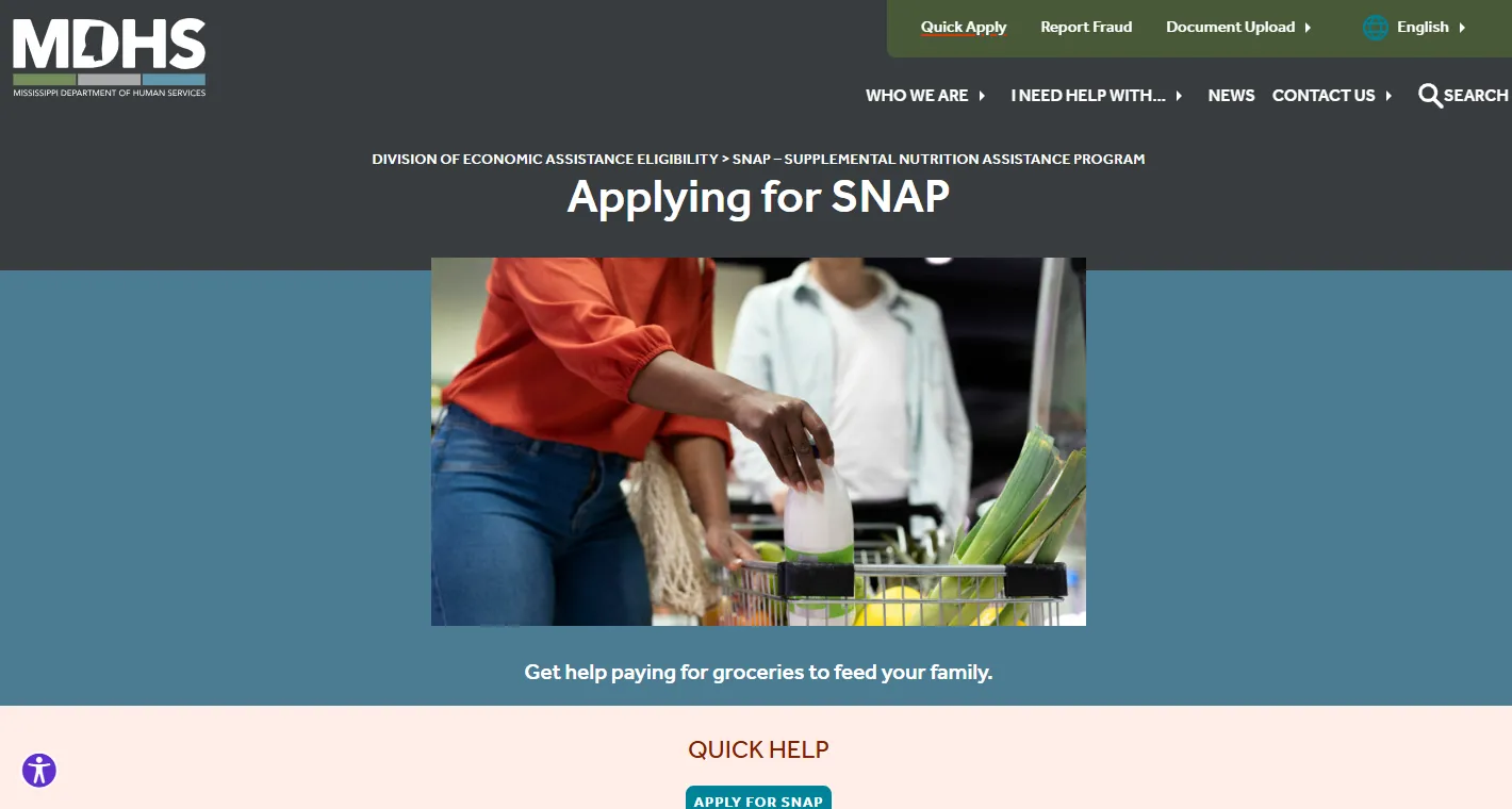 Mississippi food stamps application page for applying for SNAP benefits through MDHS