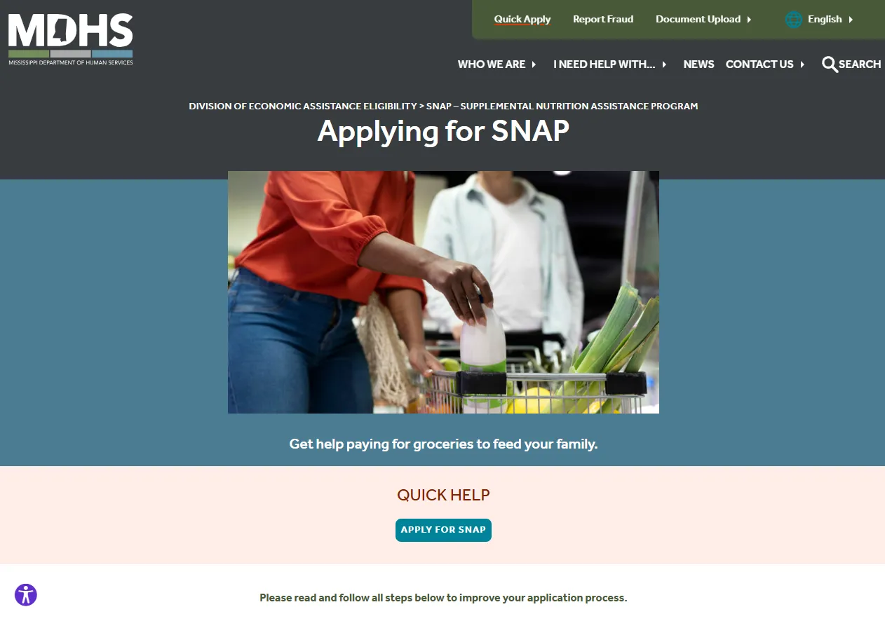 Official Mississippi MDHS SNAP application and county office page for Canton MS food stamp office help